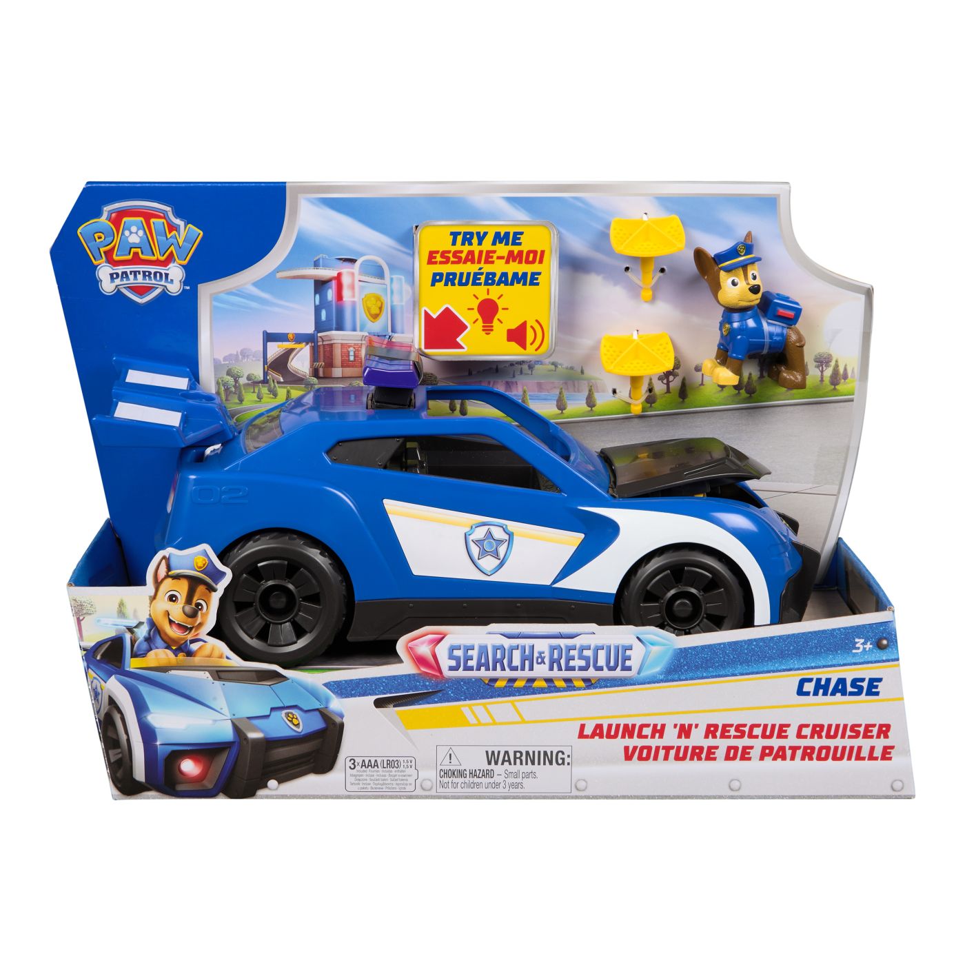 PATRULA CATELUSILOR CAUTA SI SALVEAZA SET MASINUTA DE SALVARE CU LUMINI SI SUNETE CRUISER SI FIGURINA CHASE