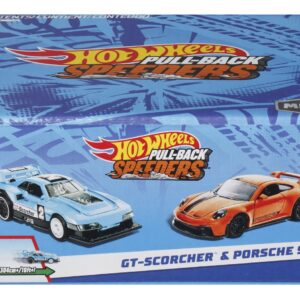 HOT WHEELS SET 2 MASINUTE METALICE PULL BACK GT-SCORCHER SI PORSCHE 911 GT3 1:43