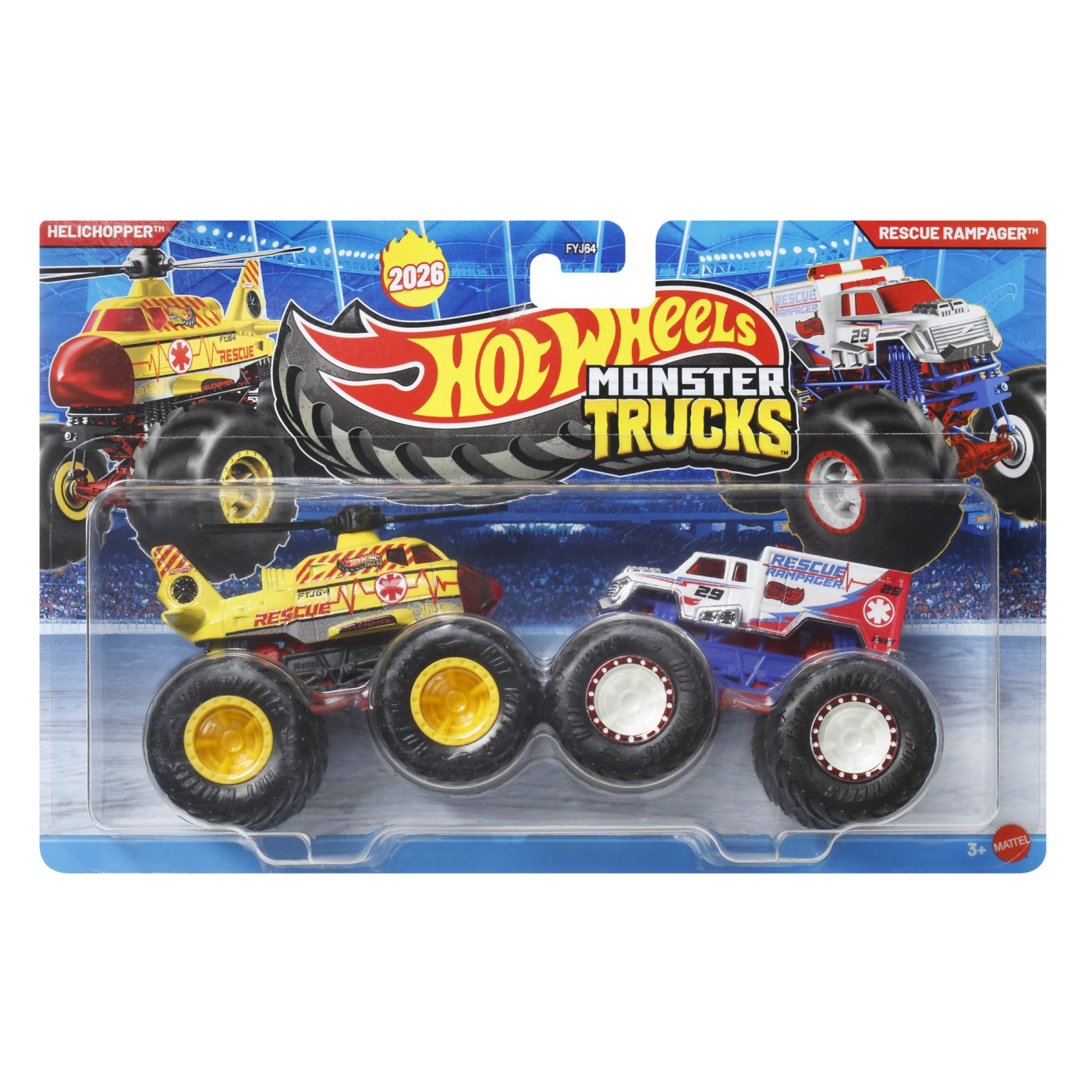 HOT WHEELS MONSTER TRUCK SET 2 MASINI HELICHOPPER SI RESCUE RAMPAGER SCARA 1 LA 64