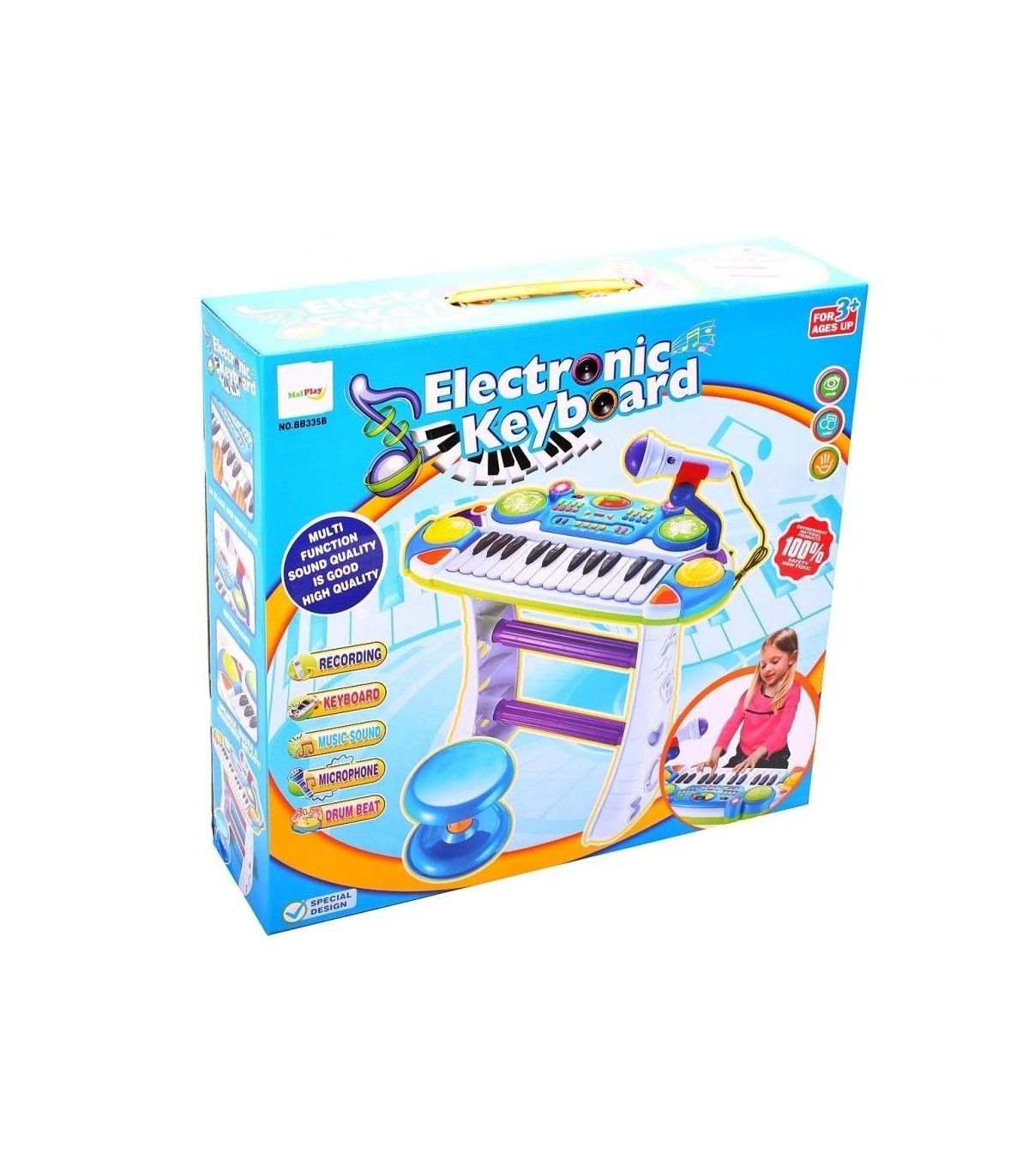INSTRUMENT MUZICAL PIANINA ELECTRONICA MALPLAY CU SCAUN SI MICROFON 45 CM INALTIME ALBASTRU - imagine 3