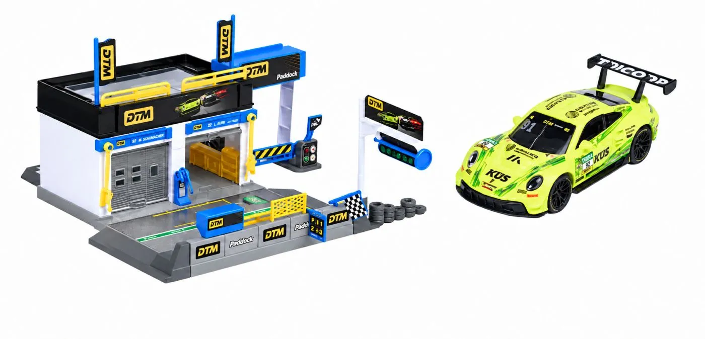 MAJORETTE SET MOTORSPORT DTM CU MASINUTA INCLUSA PORSCHE 911 GT3 R SCARA 1 LA 64 - imagine 2