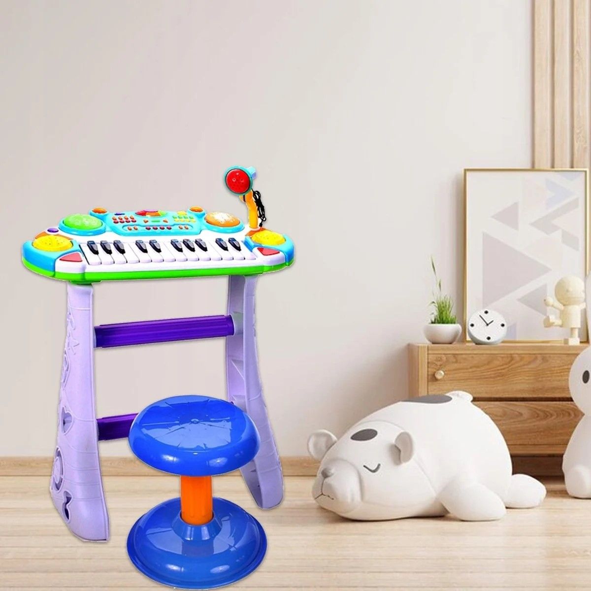 INSTRUMENT MUZICAL PIANINA ELECTRONICA MALPLAY CU SCAUN SI MICROFON 45 CM INALTIME ALBASTRU - imagine 10